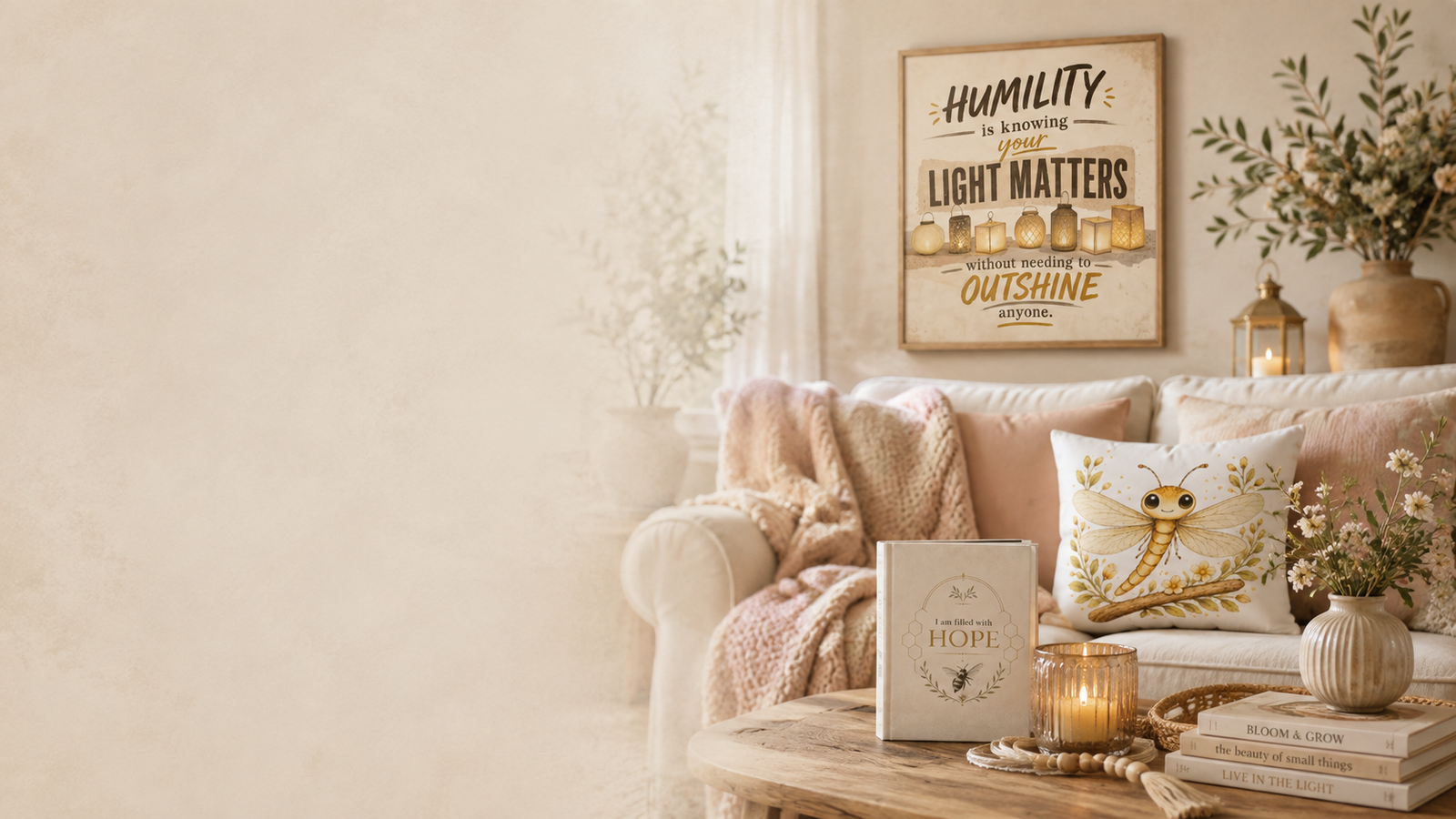 Bee Humble Within products in a warm, peaceful living room
