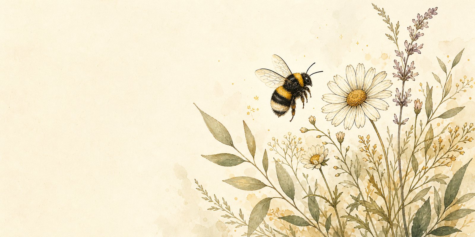 Watercolor bumblebee among wildflowers